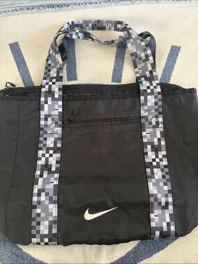 Nike Black Duffel Tote with Gray Pixel-Print Straps